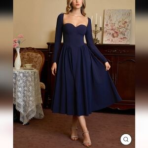 Parthea Sweetheart Neckline Long Sleeve A-Line Midi Dress. Dark Blue. Size Large